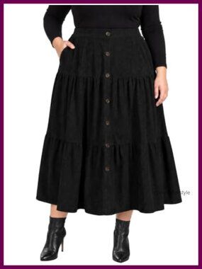Plus Size Corduroy Tiered Maxi Skirt Button Front Pockets